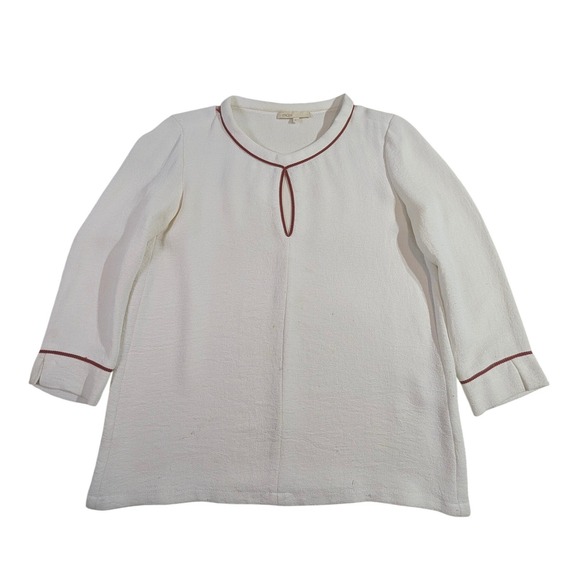 Maje Tops - Maje White Textured‎ Tunic Top with Burgundy Trim Keyhole Neck Size 2 READ